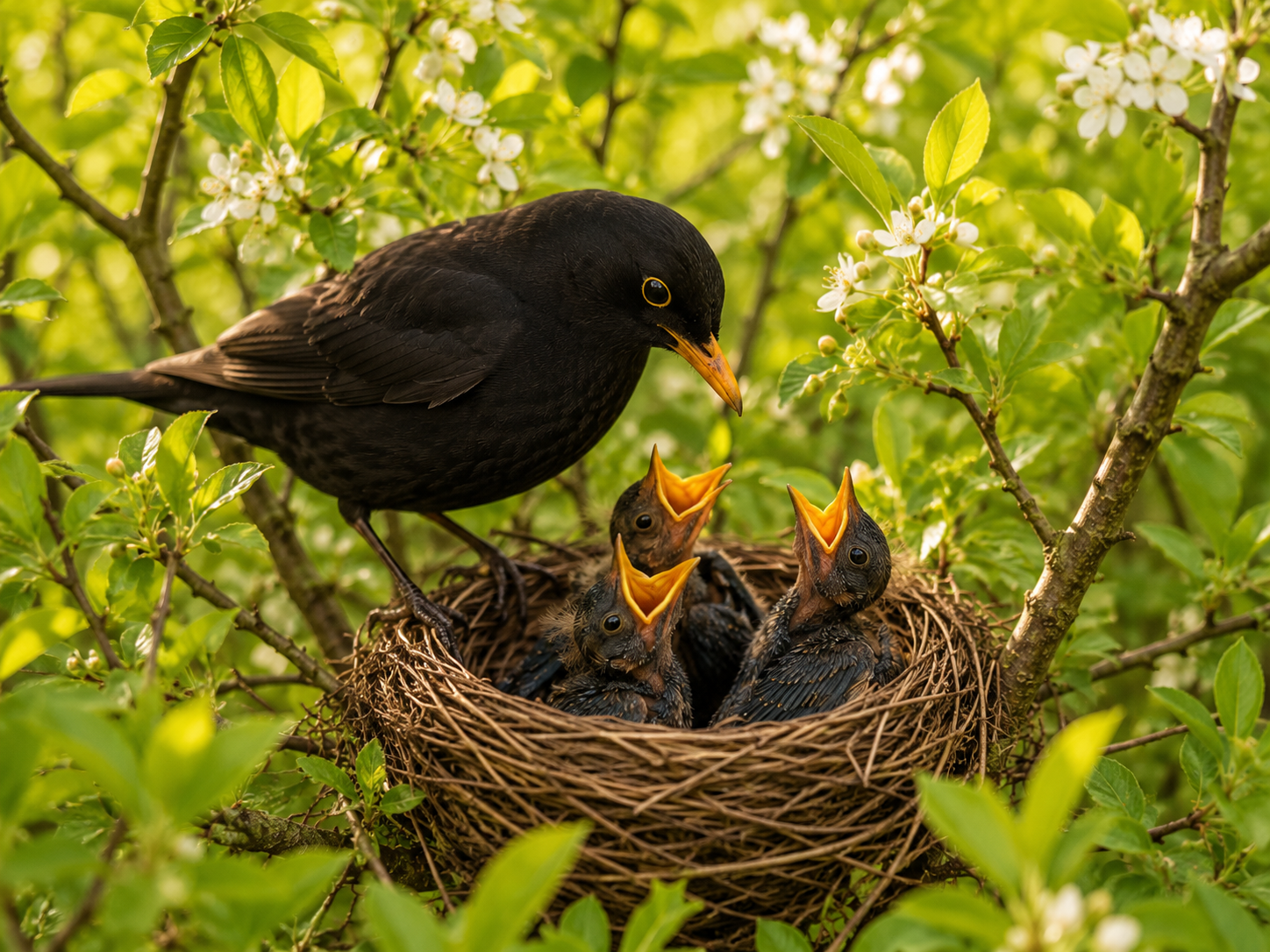 Amsel fttert Kken